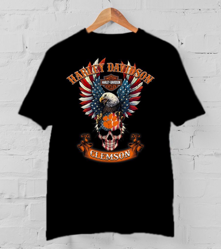 Harley Davidson Motor Cycles Eagle Skull American Flag Clemson T-Shirt