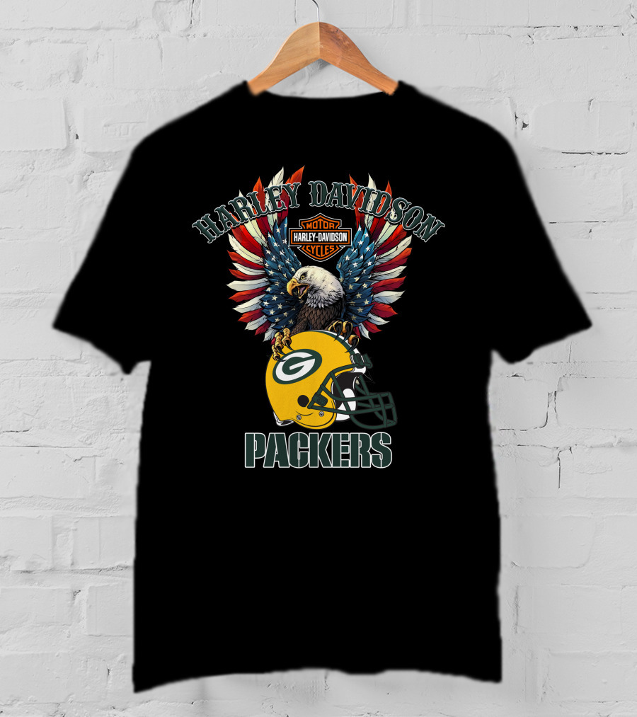 Harley Davidson Motor Cycles Packers Eagle Helmet Flag T-Shirt
