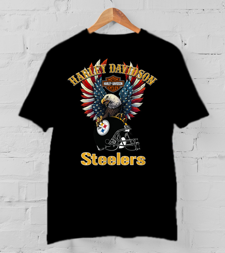 Harley Davidson Motor Cycles Steelers Eagle American Flag T-Shirt