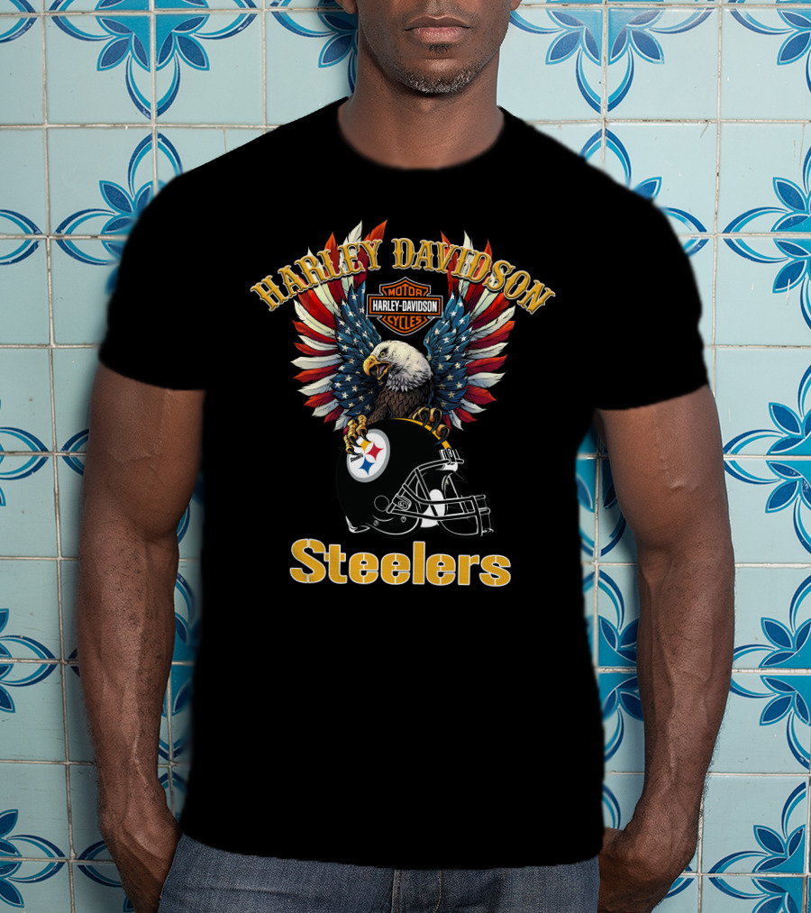 Harley Davidson Motor Cycles Steelers Eagle American Flag T-Shirt