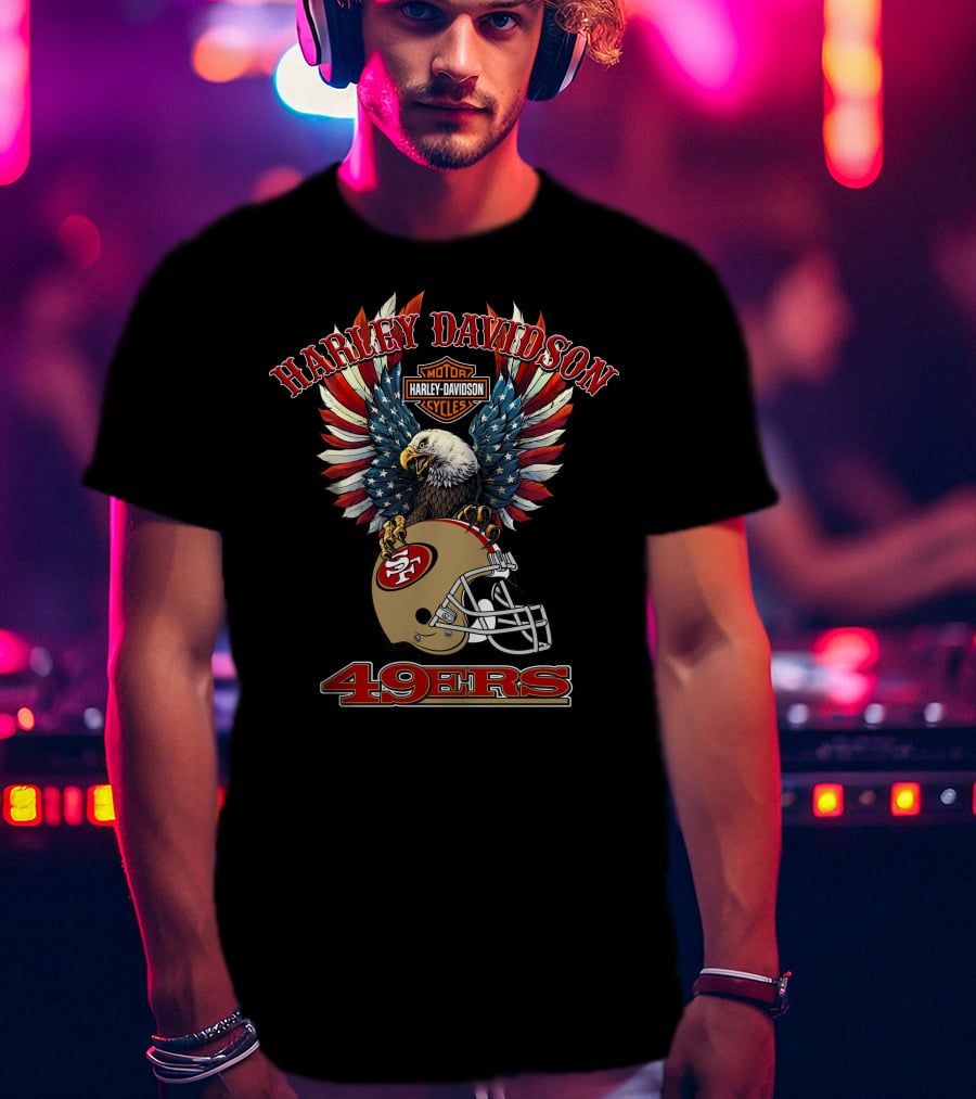Harley Davidson Motor Cycles 49ers Nfl Bald Eagle Helmet T-Shirt