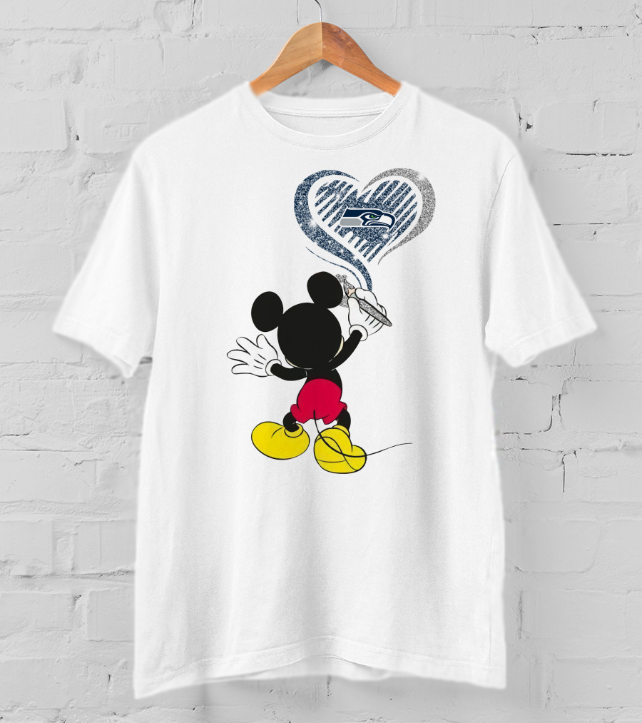 Mickey Mouse Drawing Seattle Seahawks Heart T-Shirt