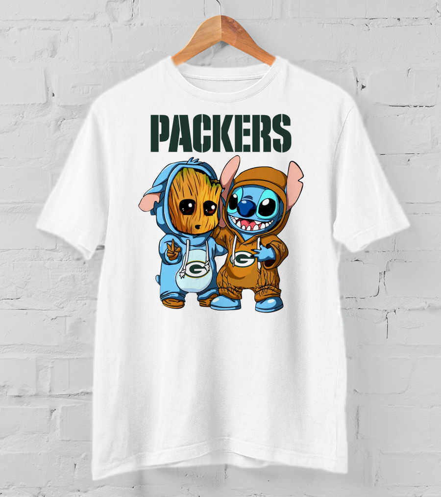 Packers Groot And Stitch Hug Wearing Green Bay Packers Hoodies T-Shirt