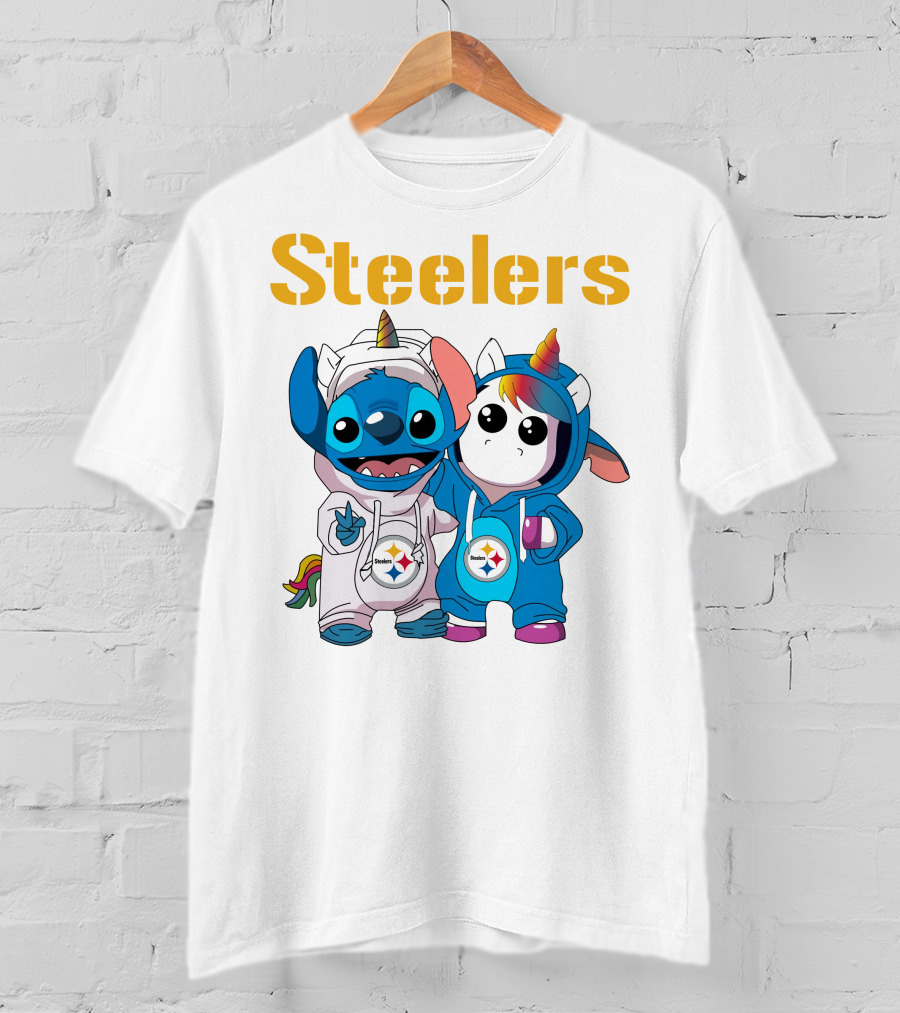 Steelers Stitch And Unicorn Duo With Rainbow Horns T-Shirt