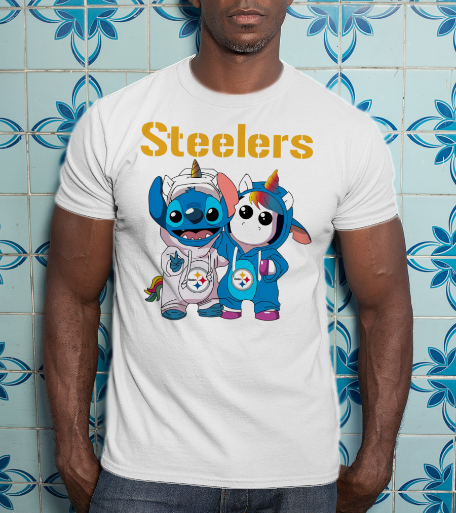 Steelers Stitch And Unicorn Duo With Rainbow Horns T-Shirt