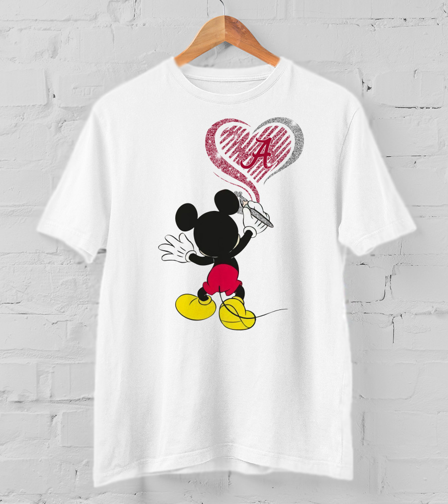 Mickey Mouse Drawing Alabama Crimson Tide Heart T-Shirt