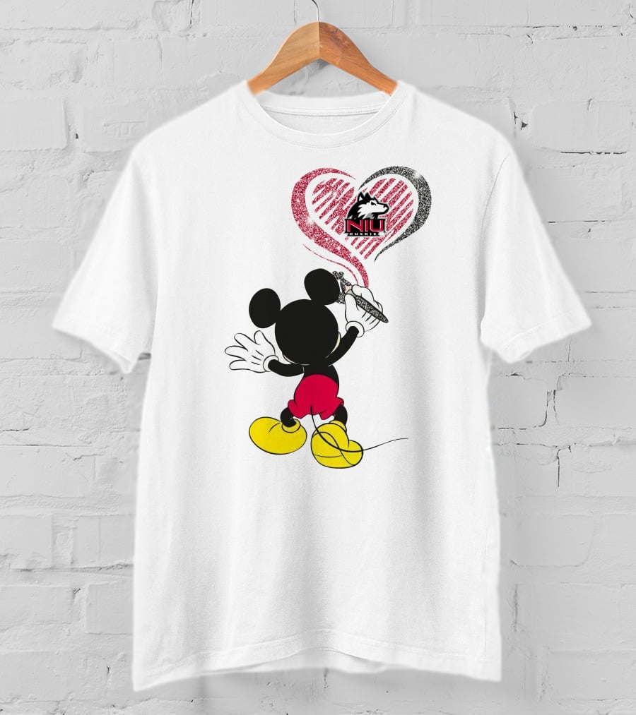 Mickey Mouse Drawing Northern Illinois University Huskies Logo In Heart Shape T-Shirt
