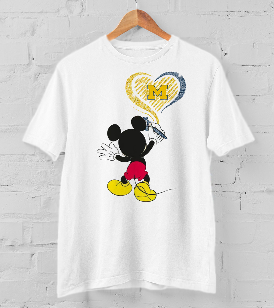Michigan Wolverines M In Yellow And Blue Heart With Disney Mickey Character T-Shirt