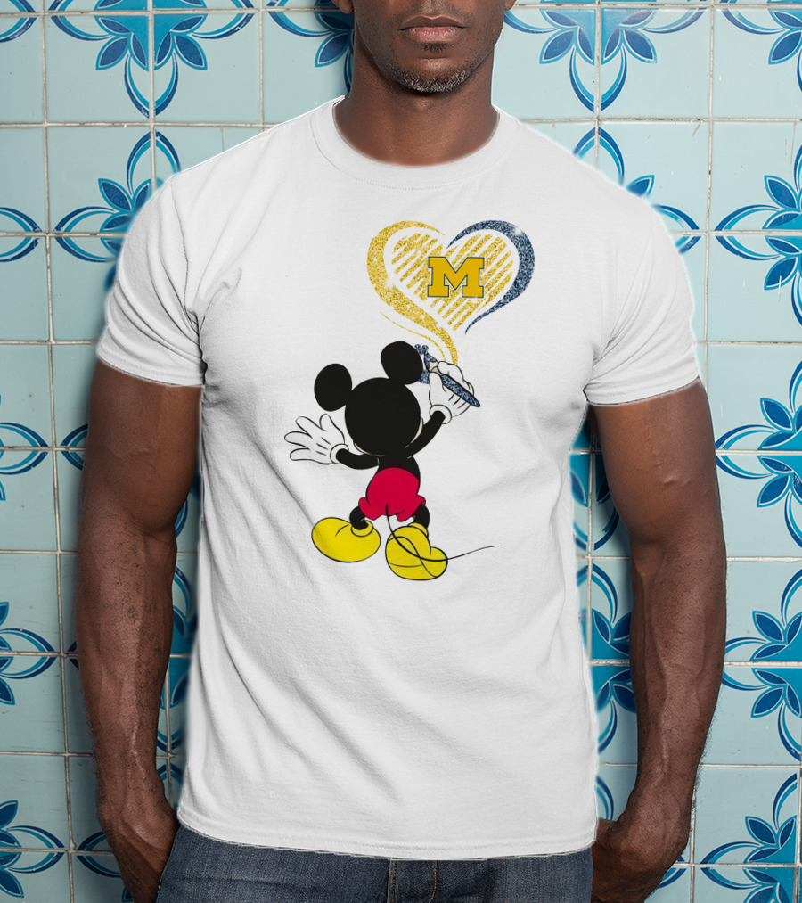 Michigan Wolverines M In Yellow And Blue Heart With Disney Mickey Character T-Shirt