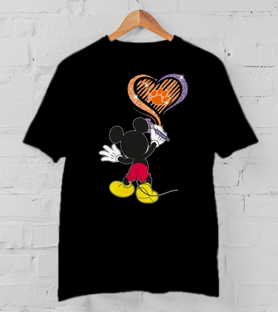 Mickey Painting Clemson Tigers Paw In Heart Shape T-Shirt