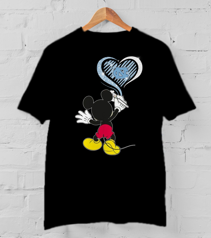 Mickey Mouse Drawing North Carolina Tar Heels In Heart Shape T-Shirt