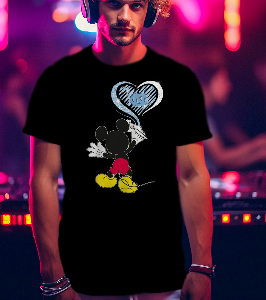 Mickey Mouse Drawing North Carolina Tar Heels In Heart Shape T-Shirt