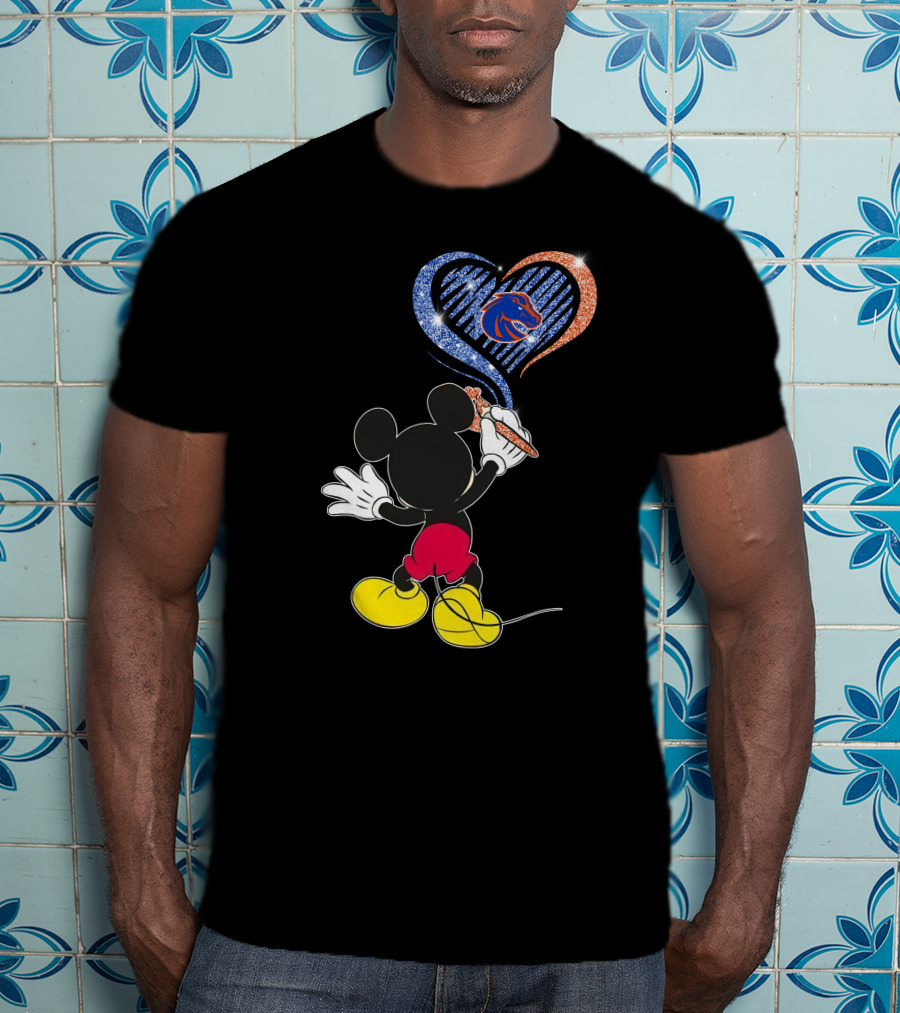 Mickey Painting Blue And Orange Heart Boise State Broncos T-Shirt