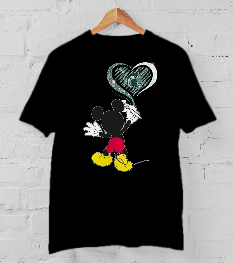 Mickey Mouse Drawing Heart Michigan State Spartans T-Shirt