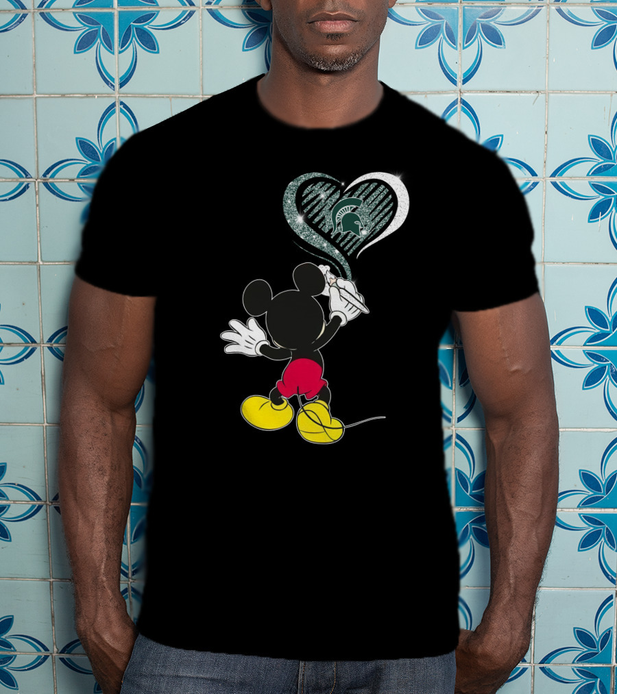 Mickey Mouse Drawing Heart Michigan State Spartans T-Shirt