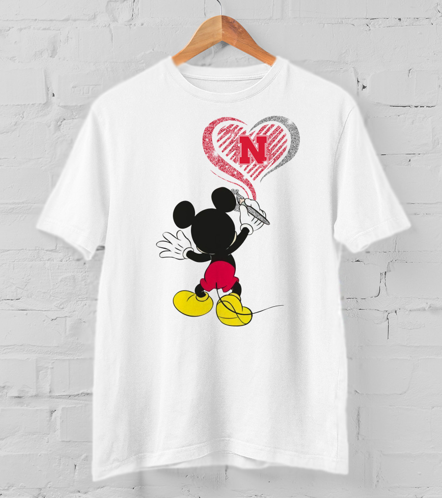 Mickey Mouse Nebraska Cornhuskers Heart Drawing T-Shirt