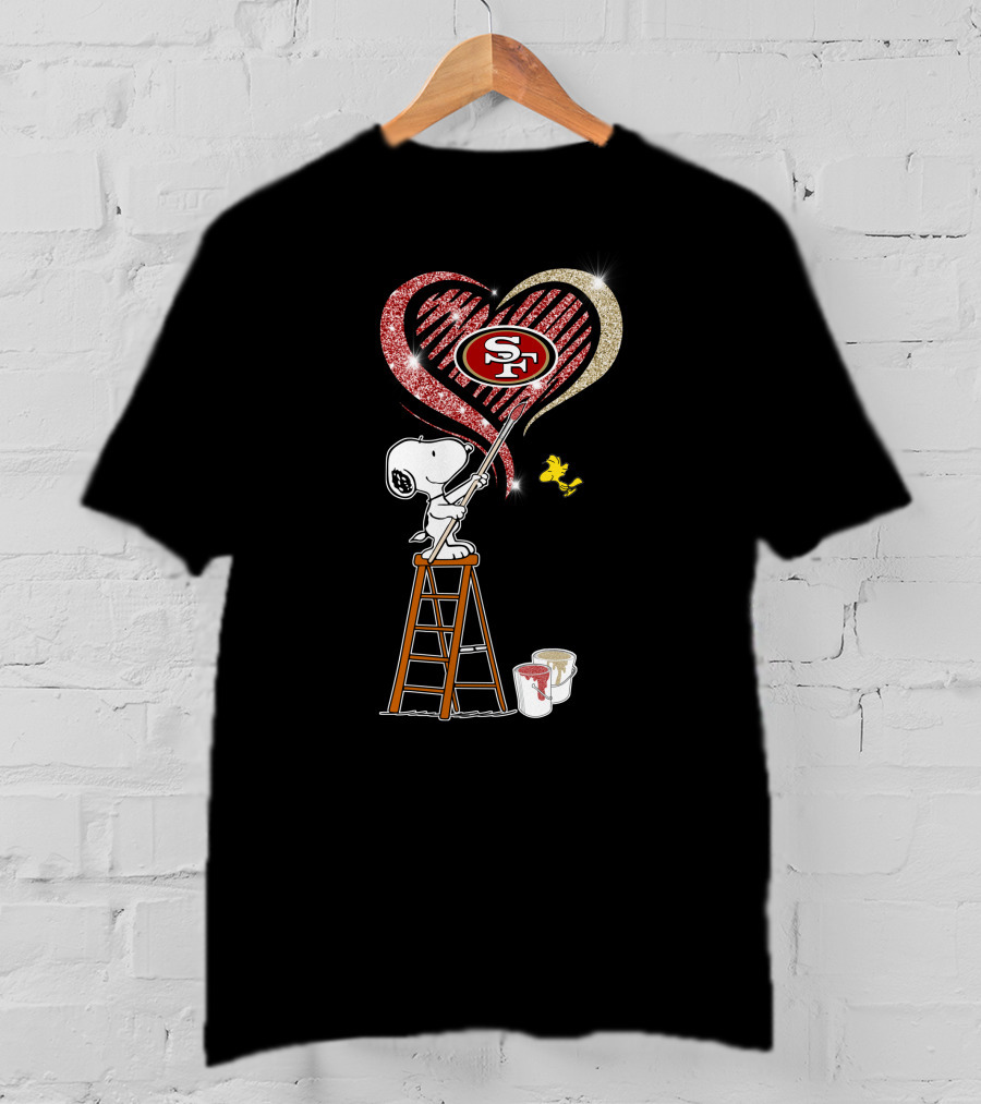 Snoopy Painting San Francisco 49ers Heart With Woodstock T-Shirt