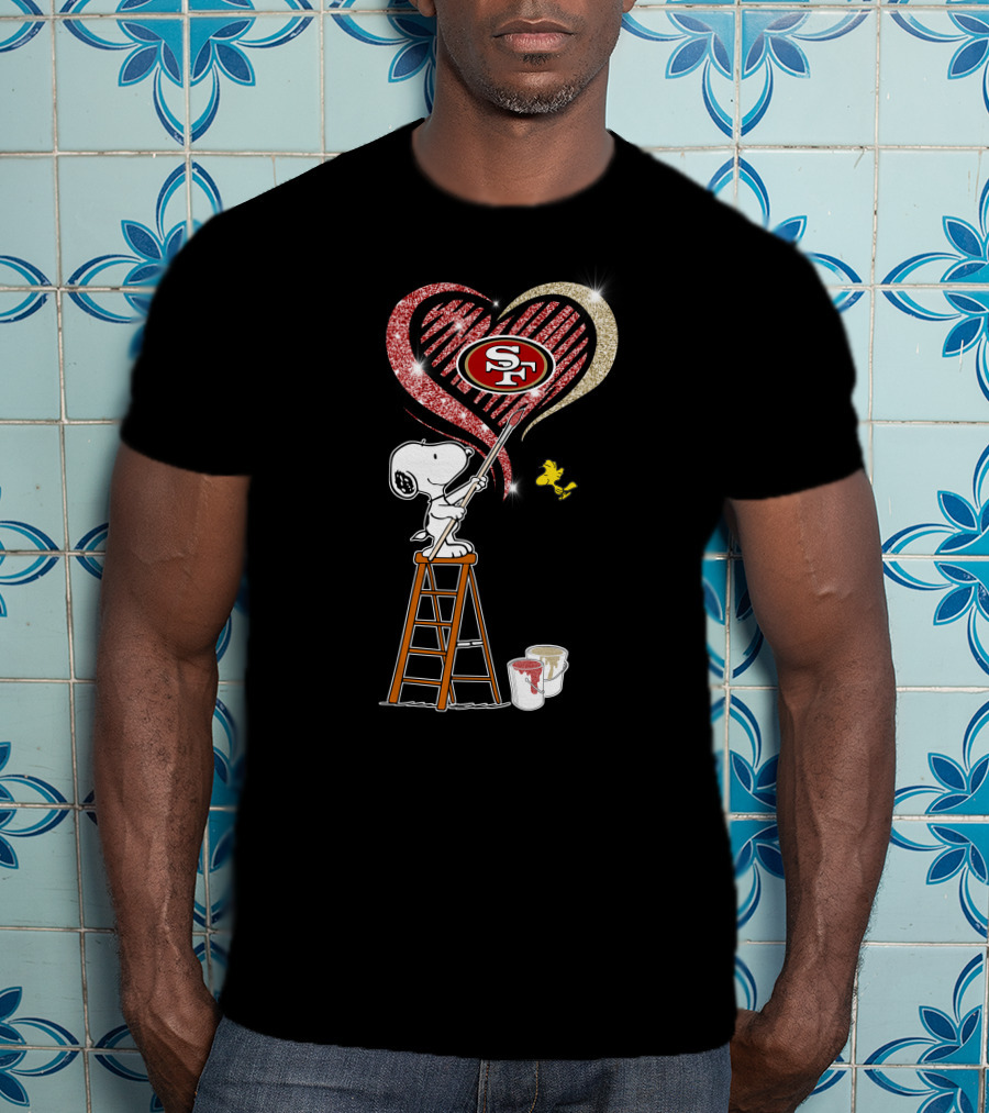 Snoopy Painting San Francisco 49ers Heart With Woodstock T-Shirt