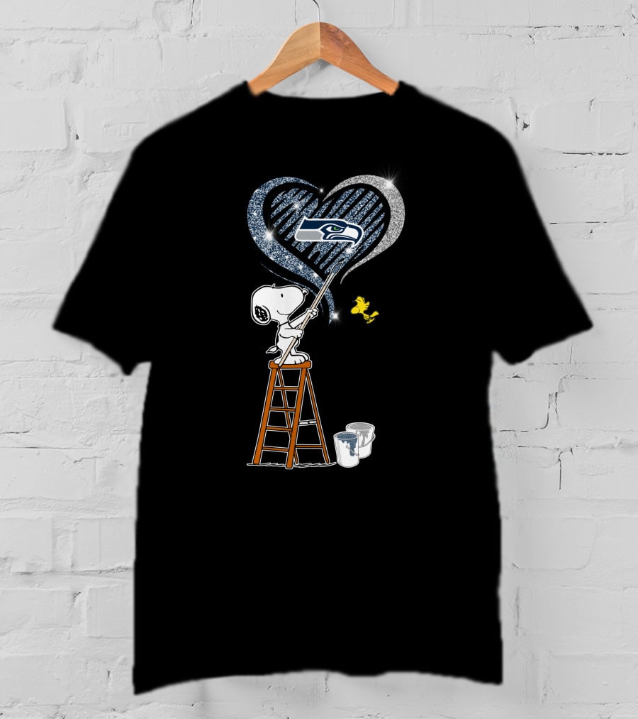 Snoopy Painting Seattle Seahawks Logo Heart With Woodstock T-Shirt