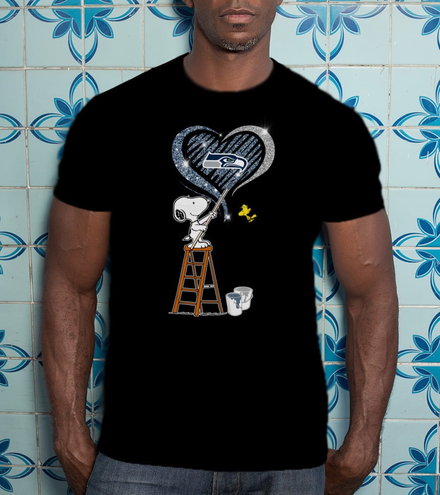 Snoopy Painting Seattle Seahawks Logo Heart With Woodstock T-Shirt