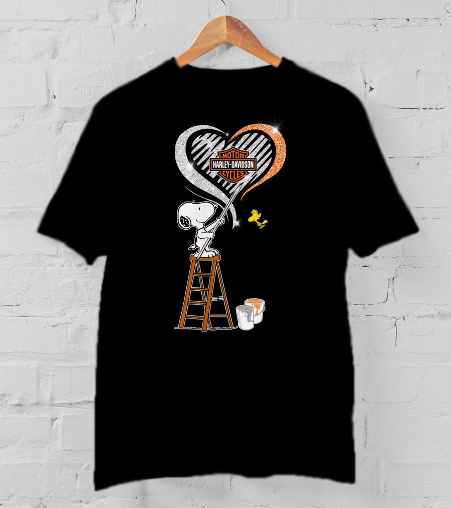 Snoopy Painting Harley Davidson Motorcycles Heart With Woodstock T-Shirt