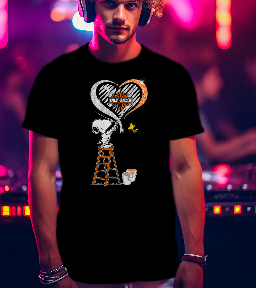 Snoopy Painting Harley Davidson Motorcycles Heart With Woodstock T-Shirt