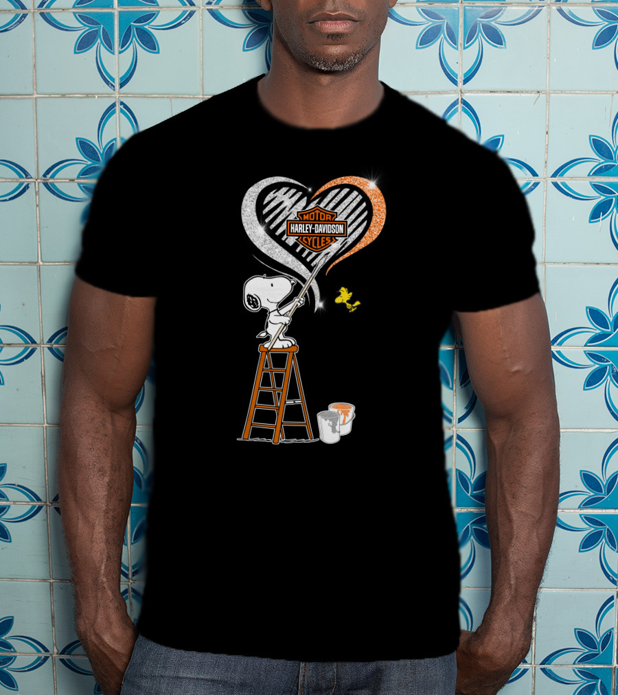 Snoopy Painting Harley Davidson Motorcycles Heart With Woodstock T-Shirt