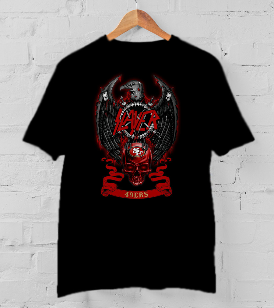 Slayer Sf 49ers Skull Nfl 28 Ravens Wings Crest T-Shirt