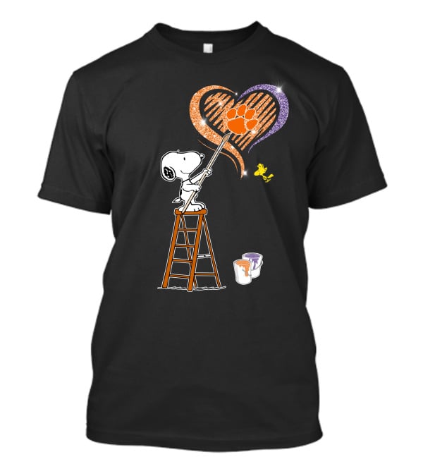 Snoopy Painting Clemson Tigers Heart With Paw Print And Woodstock T-Shirt
