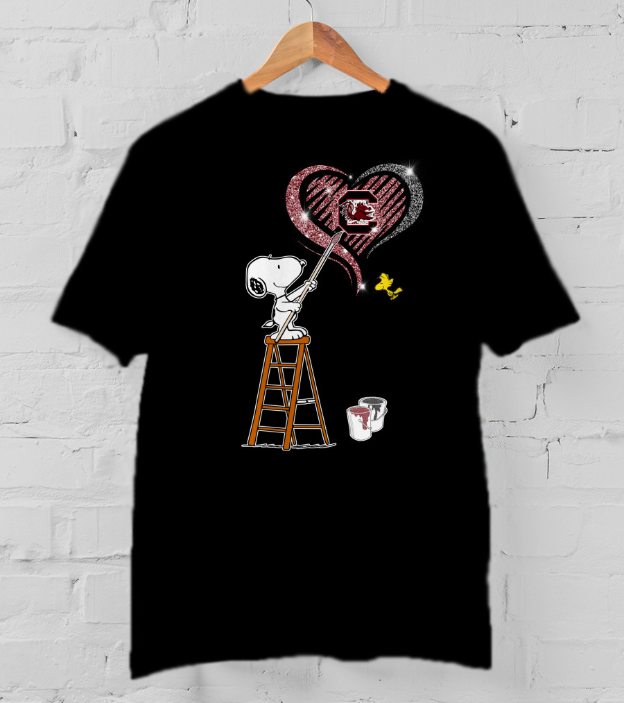 Snoopy Painting Heart South Carolina Gamecocks Logo Sparkle T-Shirt
