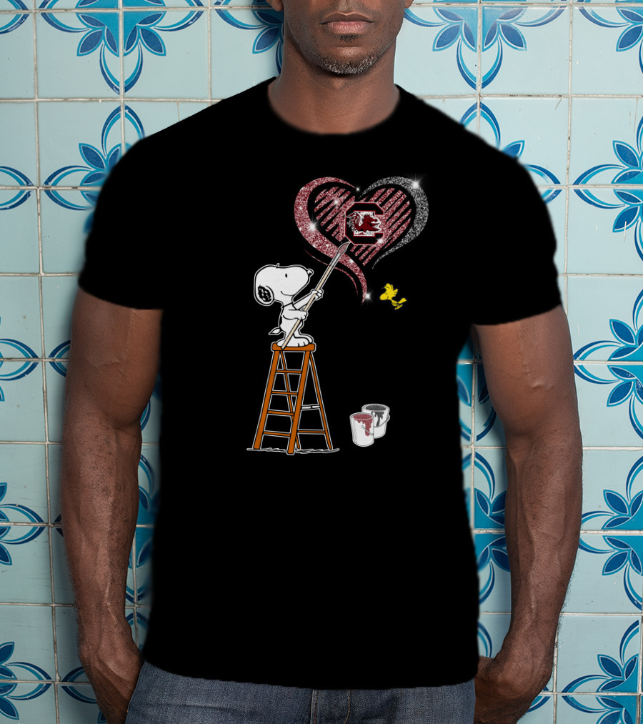 Snoopy Painting Heart South Carolina Gamecocks Logo Sparkle T-Shirt