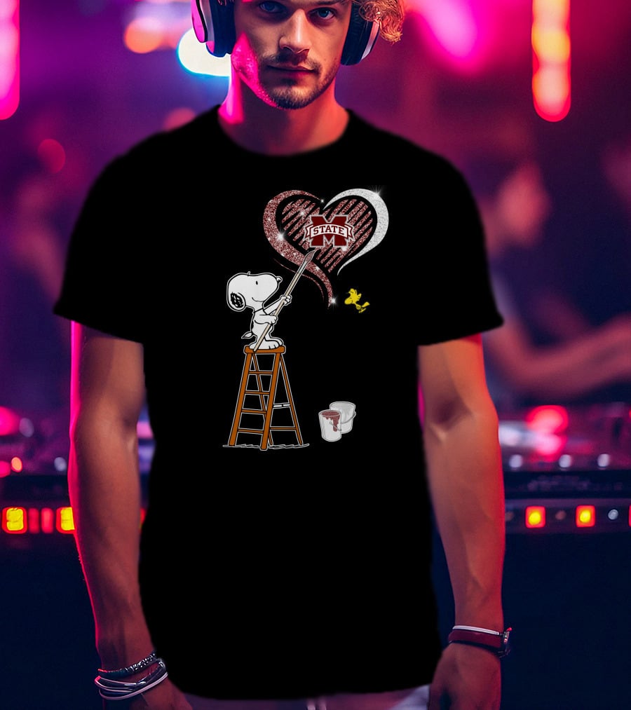 Snoopy Painting Mississippi State Heart With Woodstock T-Shirt