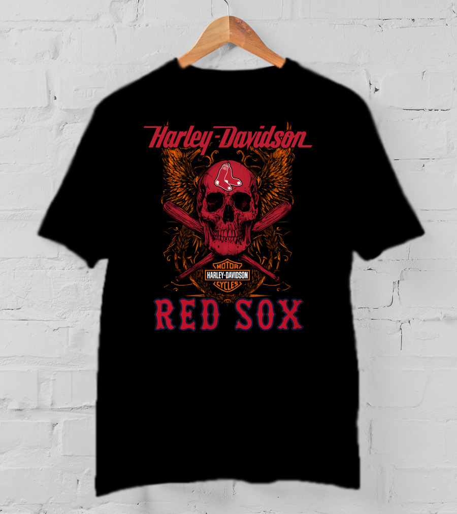Harley Davidson Red Sox Skull Wings Motor Cycles T-Shirt