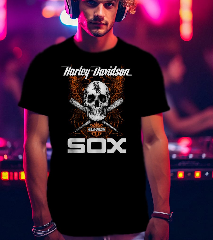 Harley Davidson Motor Cycles Chicago White Sox Skull And Crossed Bats T-Shirt