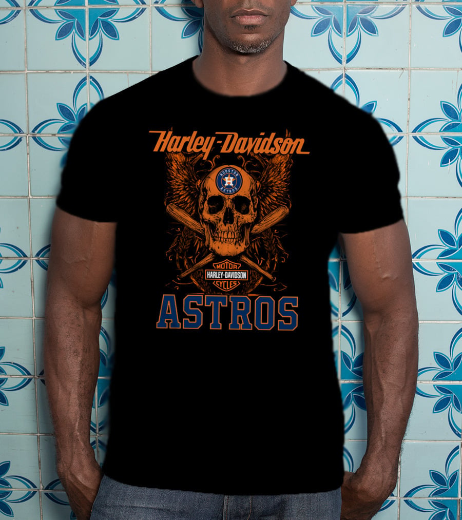 Harley Davidson Houston Astros Motor Cycles Skull Wings Crossed Bats T-Shirt