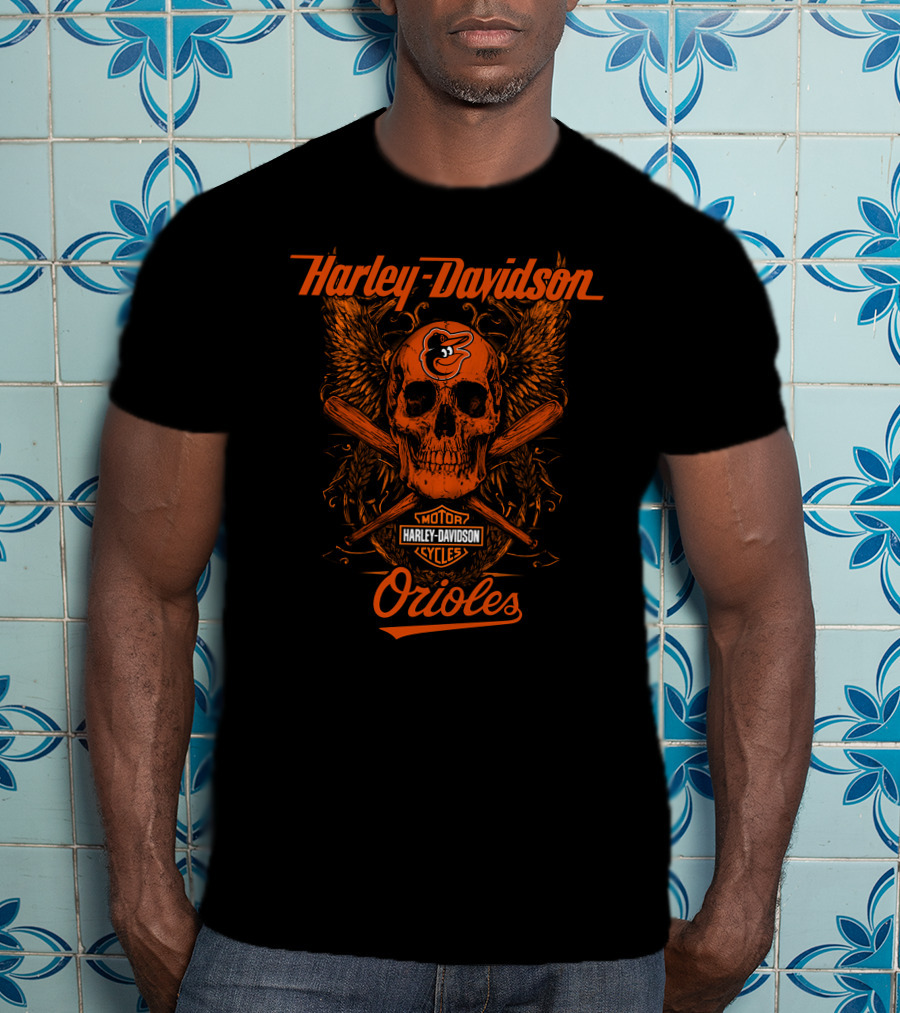 Harley Davidson Baltimore Orioles Skull Wings Motor Cycles T-Shirt