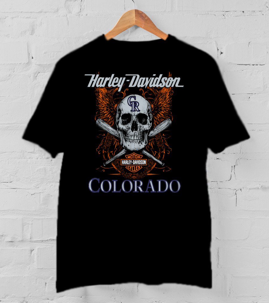 Harley Davidson Colorado Rockies Skull With Wings And Bats T-Shirt