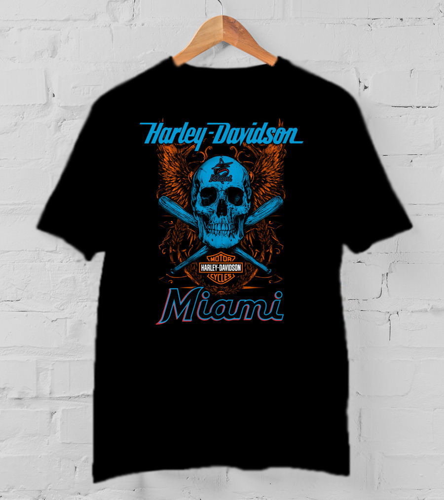 Harley Davidson Miami Skull With Bats And Marlins T-Shirt