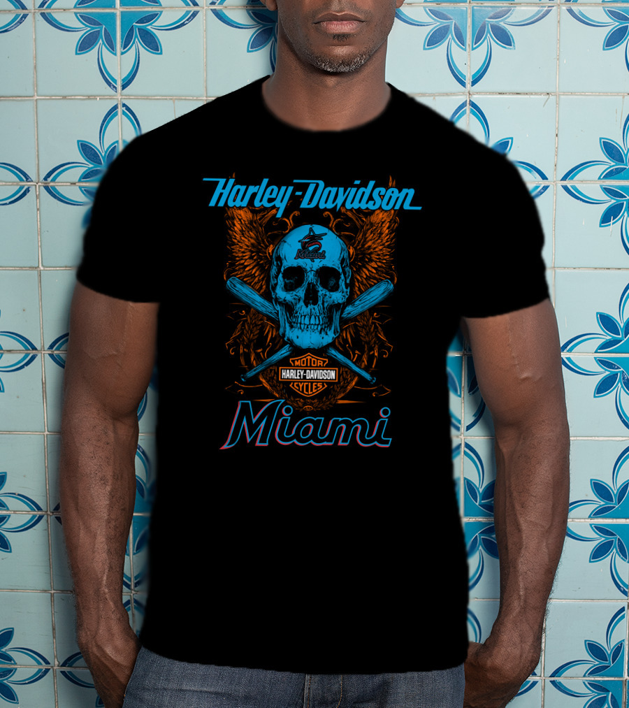Harley Davidson Miami Skull With Bats And Marlins T-Shirt
