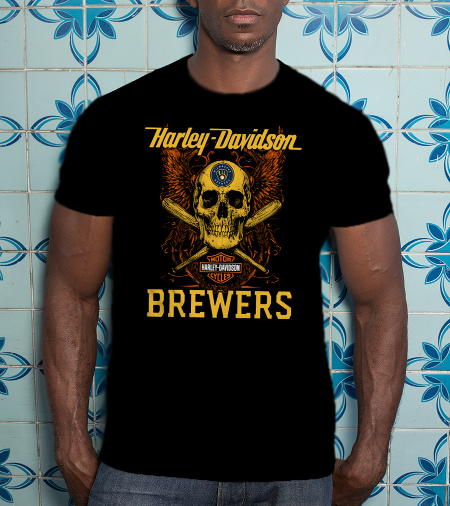Harley Davidson Skull And Crossed Bats Milwaukee Brewers Motor Cycles T-Shirt
