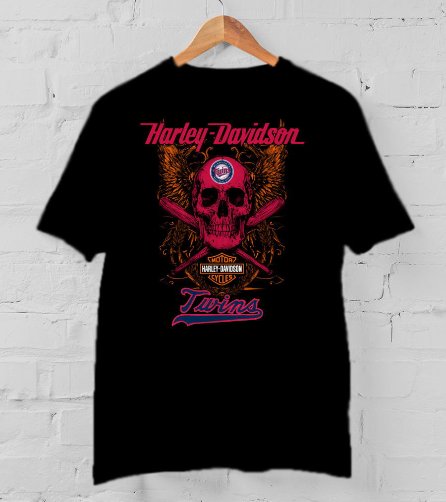Harley Davidson Twins Skull With Minnesota Logo And Bats T-Shirt