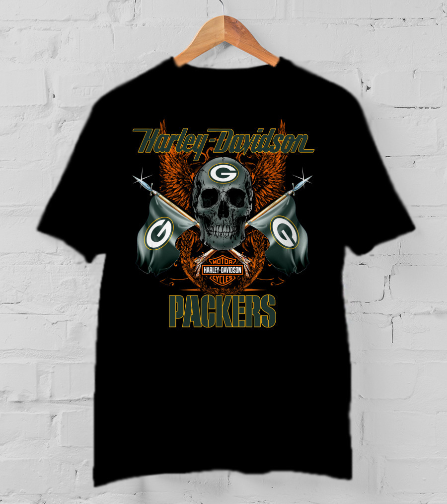 Harley Davidson Packers Skull Flags Green Bay T-Shirt