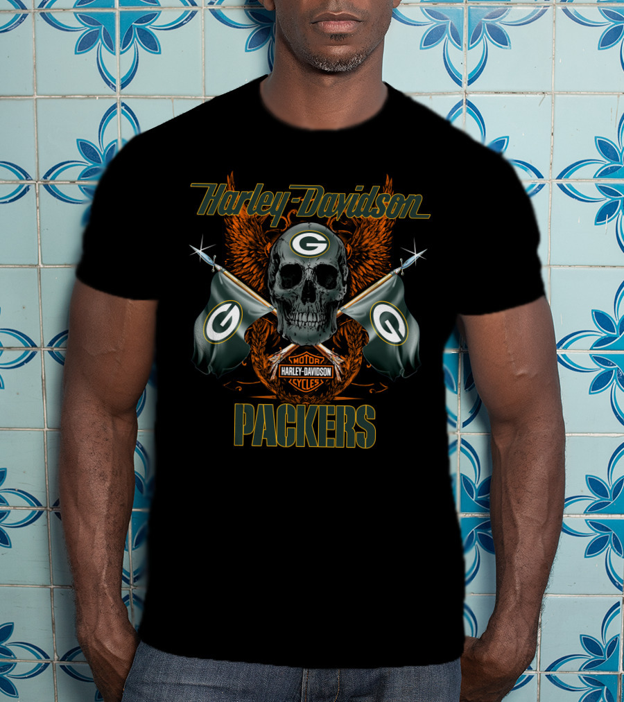 Harley Davidson Packers Skull Flags Green Bay T-Shirt