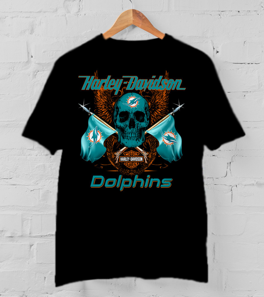 Harley Davidson Dolphins Skull Motor Cycles Flag T-Shirt
