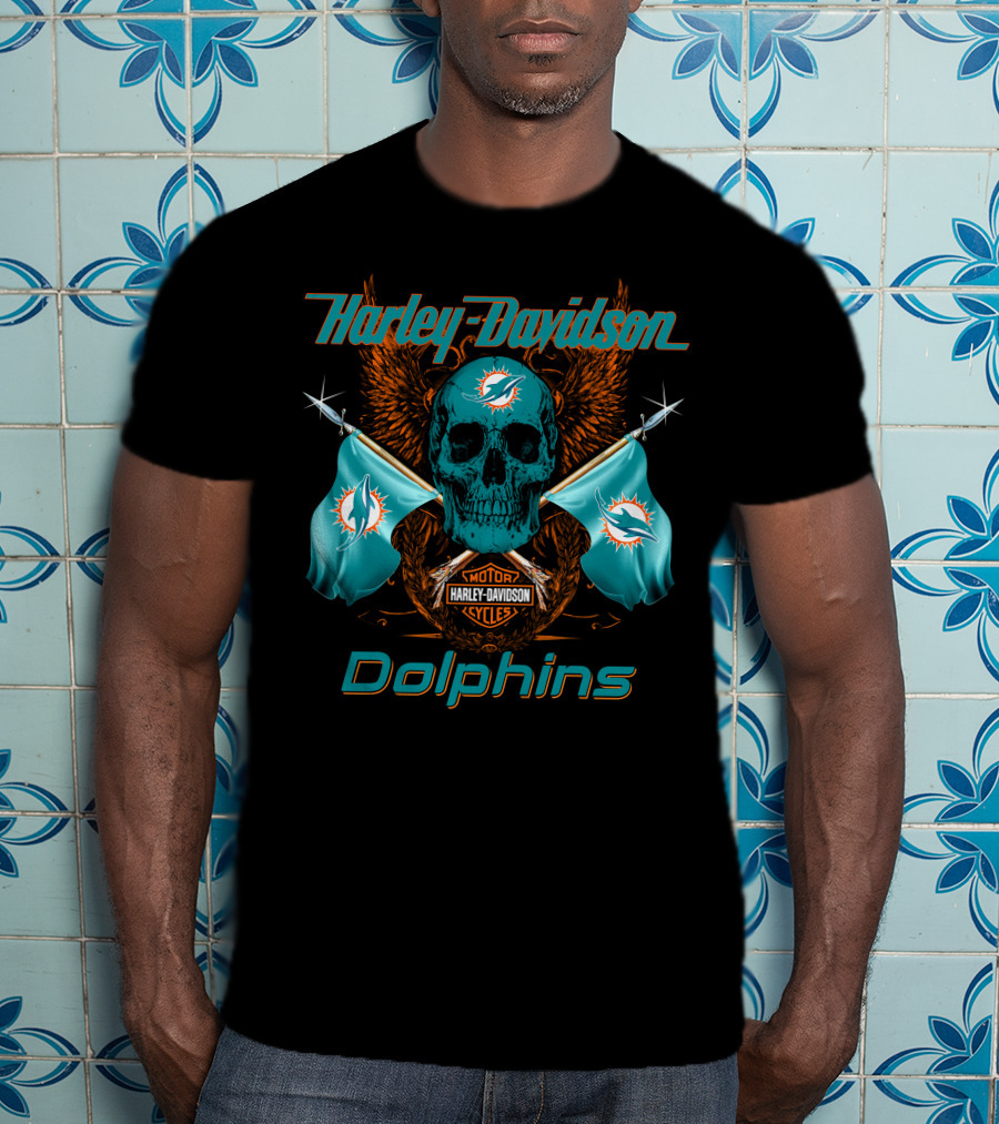 Harley Davidson Dolphins Skull Motor Cycles Flag T-Shirt