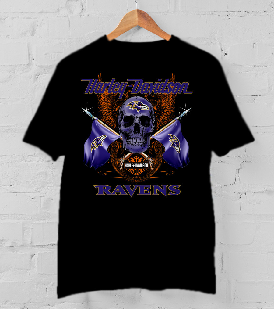 Harley Davidson Ravens Skull With Flags And Motorcycles T-Shirt