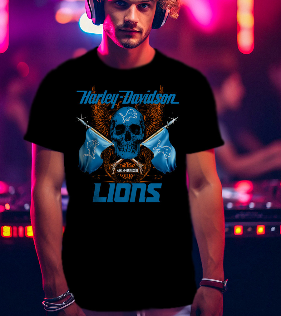 Harley Davidson Lions Skull Motor Cycles Flags T-Shirt