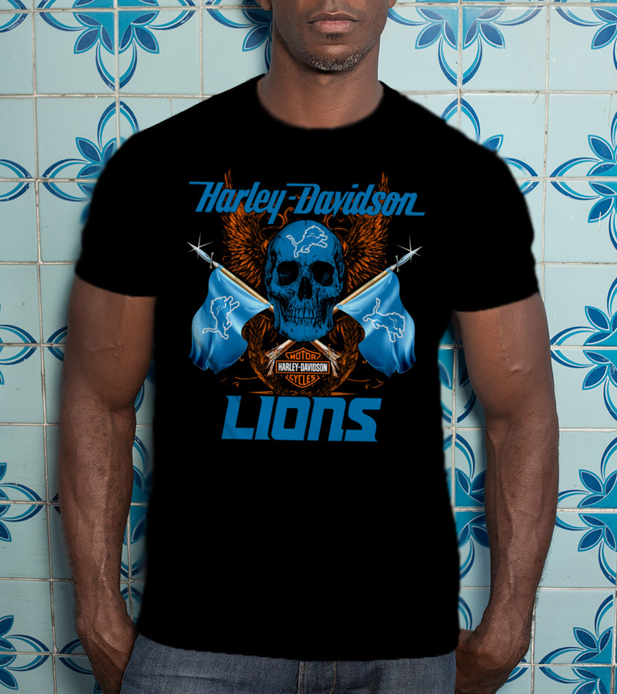 Harley Davidson Lions Skull Motor Cycles Flags T-Shirt