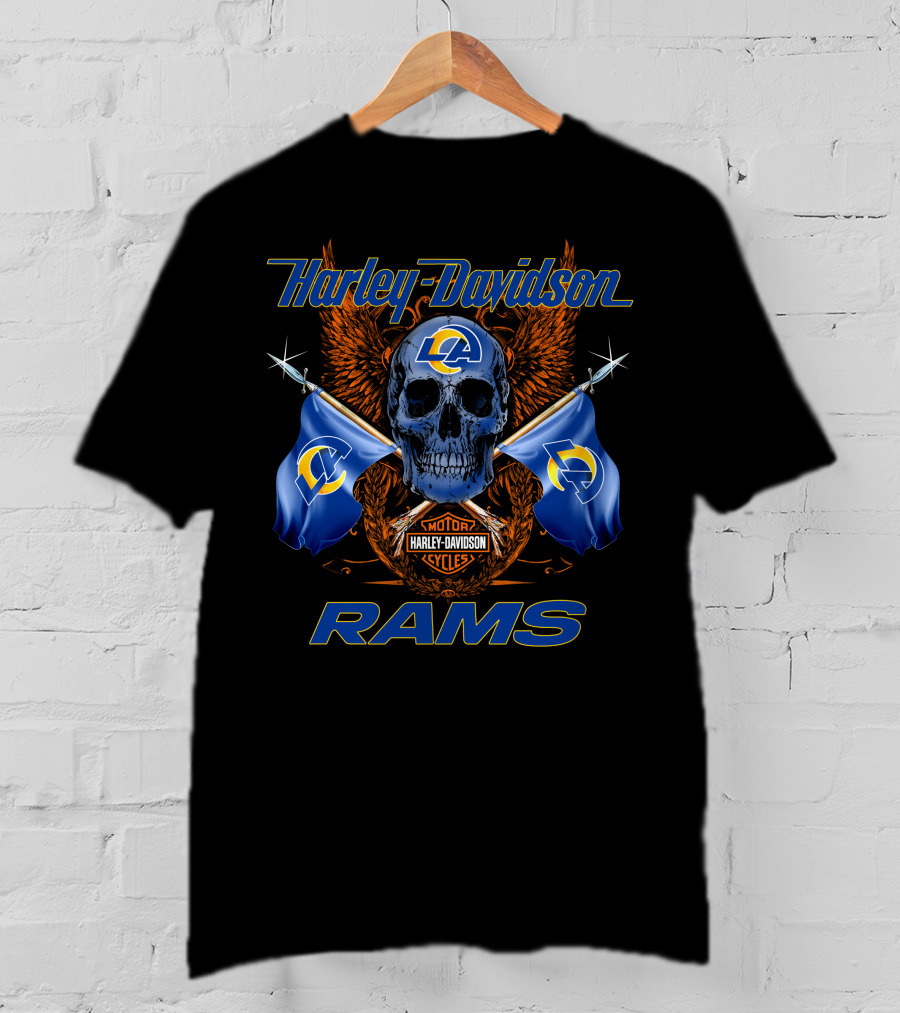 Harley Davidson Los Angeles Rams Motorcycle Cycles Skull Flags T-Shirt