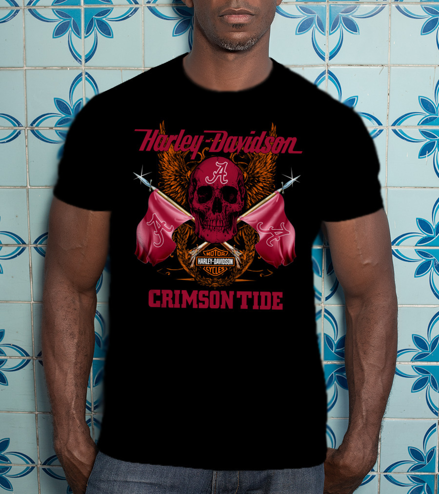 Crimson Tide Harley Davidson Skull And Flags T-Shirt